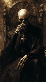 Skeletal figure in dark formal attire seated on ornate throne.
