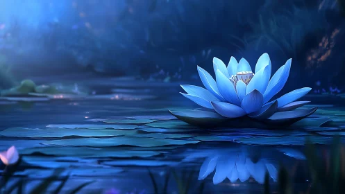 Luminous blue lotus glows softly on a tranquil moonlit pond