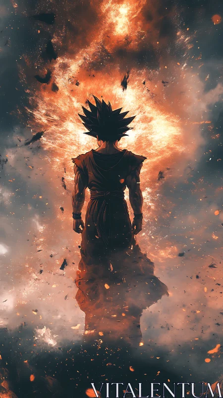 Fiery anime warrior ascending amid swirling cosmic blast.