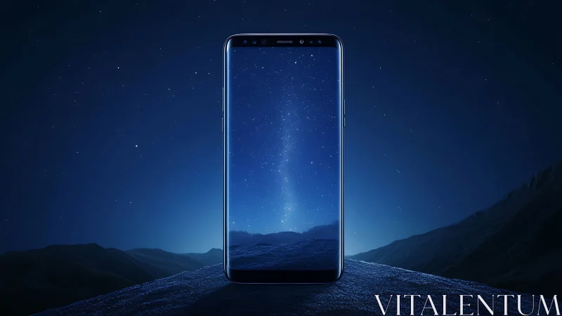 Smartphone displays starlit mountain landscape at night.