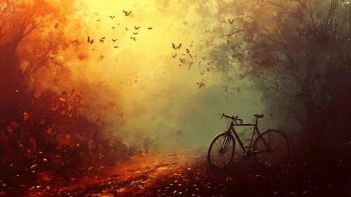 Solitary Bicycle Lost in Autumn's Fiery Dreamscape.
