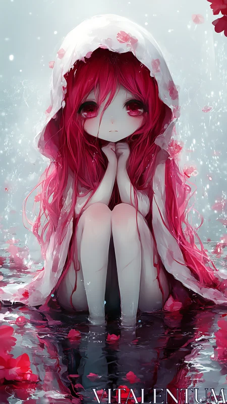 Red haired anime girl in reflective water with petal accents