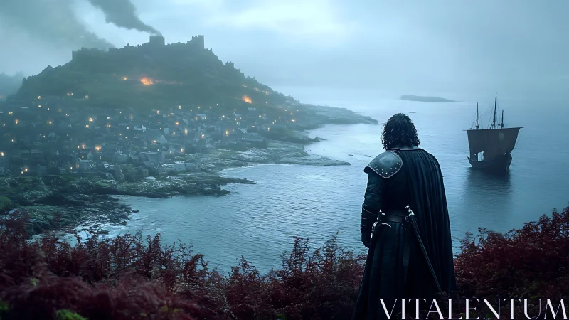 Armored warrior overlooking burning coastal fortress at dusk