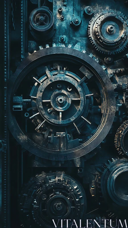 Intricate metal gears turning in a moody teal glow.