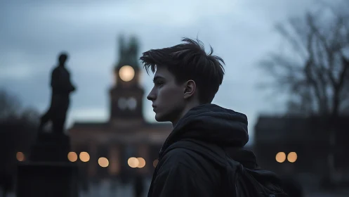 Side-profile portrait in blue-hour cityscape with soft bokeh
