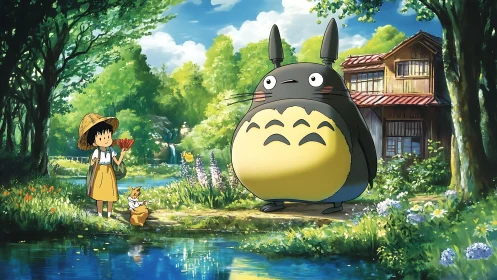 Girl and forest spirit by a reflective woodland stream.