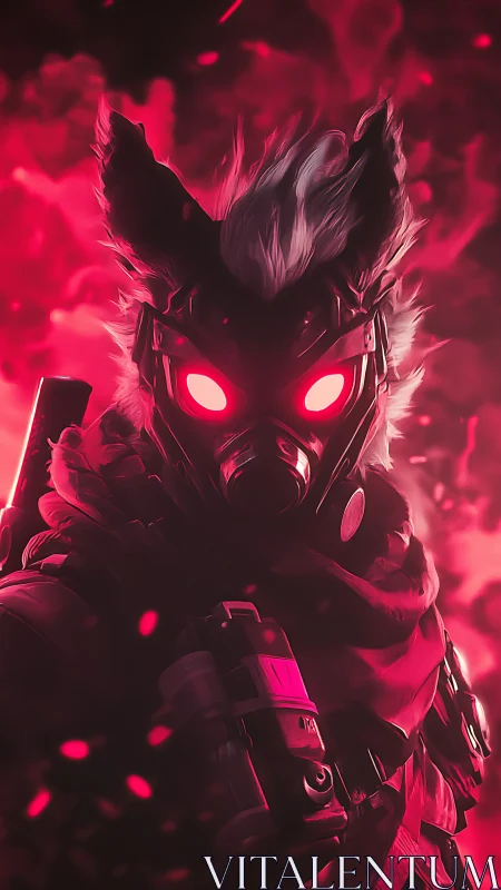 Cybernetic fox operative in gas mask amid crimson particle haze.