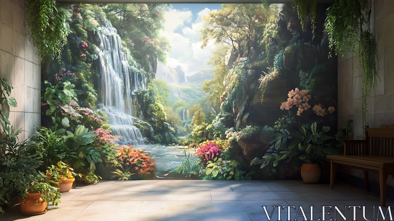 Indoor terrace quietly opens into a painted waterfall jungle