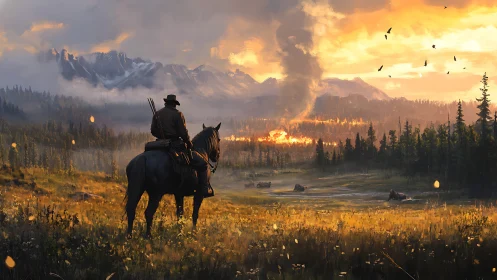 Lone rider watches distant wildfire over mountain valley.