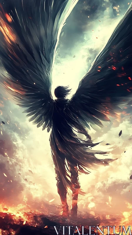 Dark-winged seraph rising through firelit storm skies.