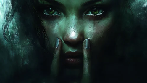 Dark portrait with emerald eyes and whispered silence.