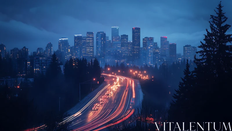 Moody blue city skyline above light‑streaked highway at dusk.