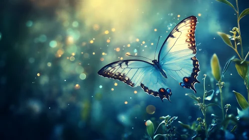 Soft-winged butterfly drifts through a glowing forest dream