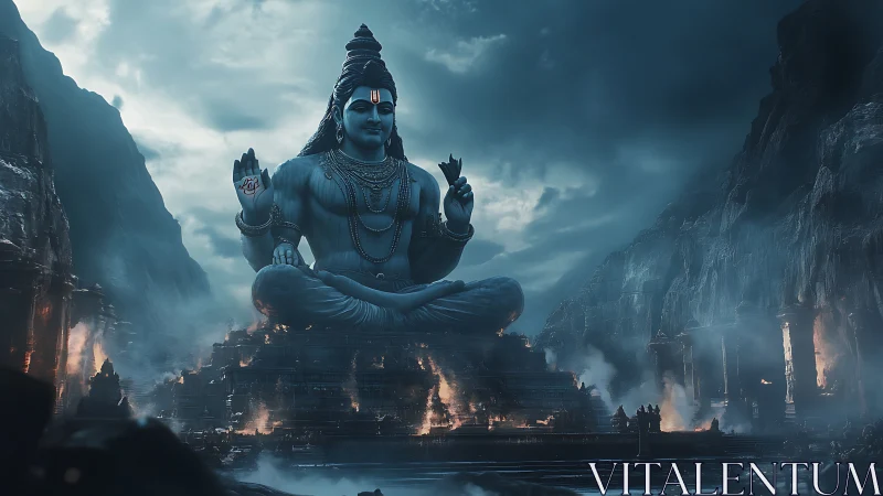 Colossal blue Shiva statue dominates mist-laden mountain temple complex