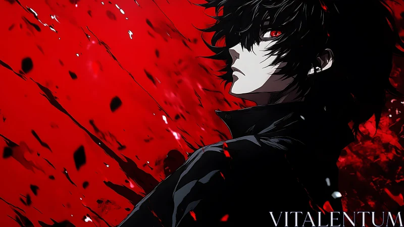 Shadow-eyed rebel in a storm of vivid crimson chaos.