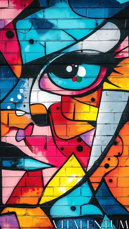 Geometric graffiti portrait segments cover a brick wall