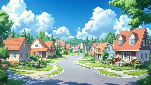 Sunny small-town street lined with cozy colorful homes.