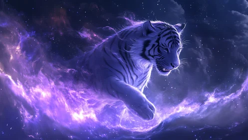 Celestial white tiger strides through glowing purple stardust