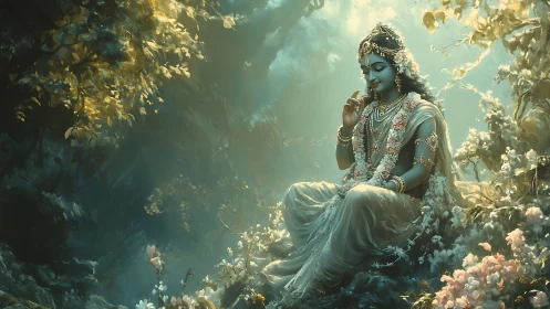 Divine blue deity in ethereal forest glade, digital painting.