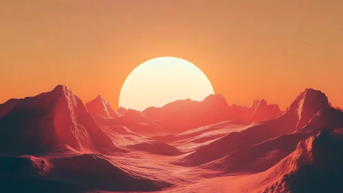 Distant sun over ridged terrain in orange atmospheric light.
