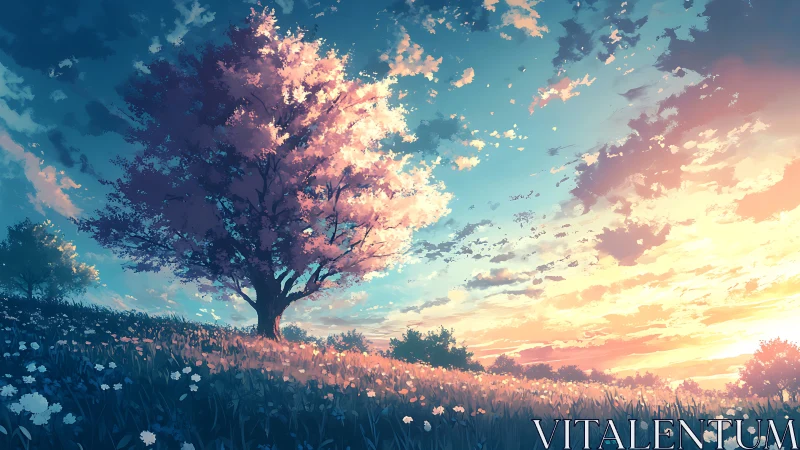 Cherry tree stands on flowered hillside under sunset sky