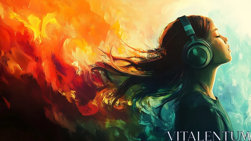 Digital portrait of woman with headphones in vivid color storm.