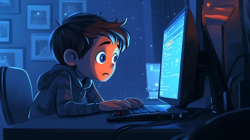 Late-night child at glowing monitor in moody blue room.