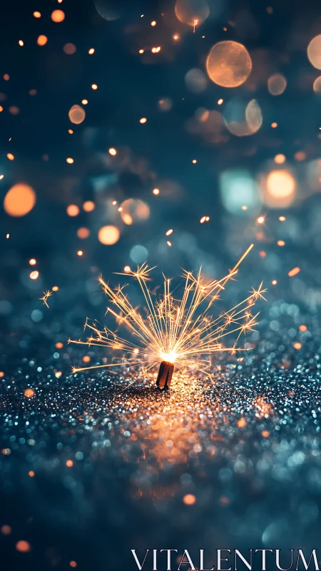 Sparkler ignites over glittered surface with rich bokeh glow.