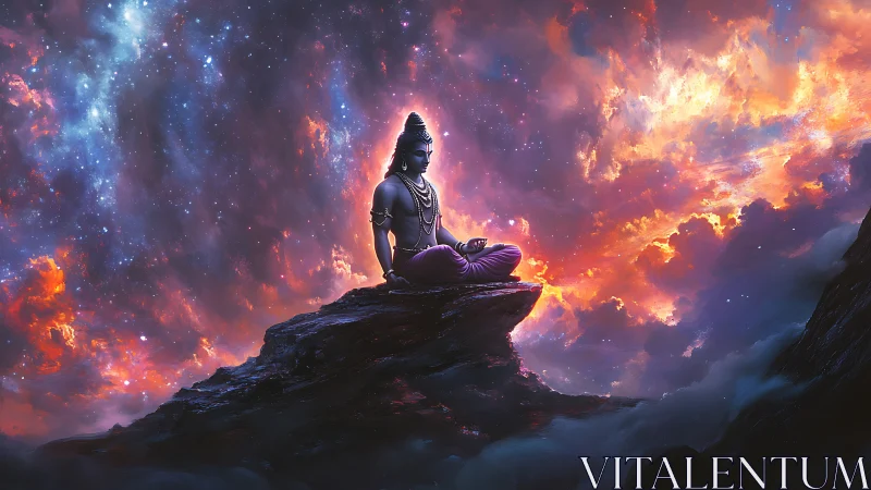 Cosmic meditation figure on rocky ledge under nebula sky.
