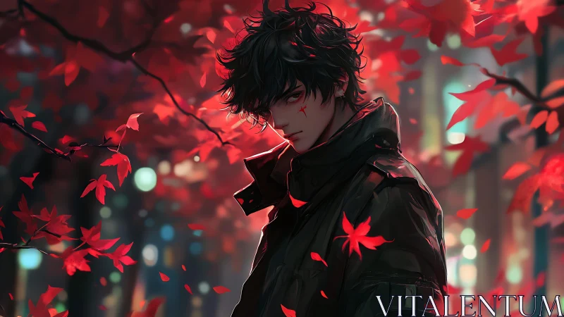 Brooding anime youth stands amid swirling crimson leaves