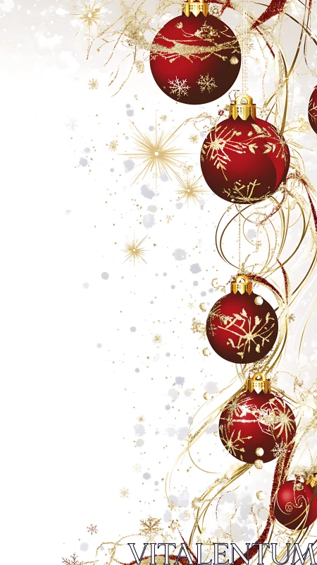 Red baubles with gold snowflake patterns on white field.