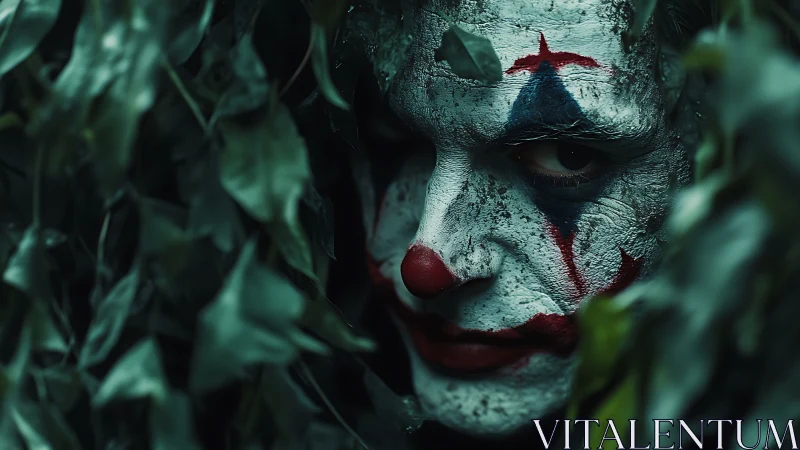 Clown face with smeared makeup partially obscured by foliage.