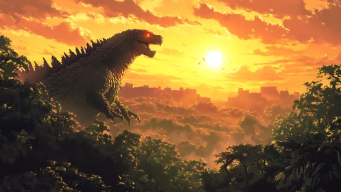 Colossal reptilian kaiju dominates sunlit jungle skyline at dusk