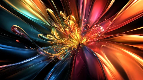 Radiant chromatic energy burst in fluid abstract bloom.
