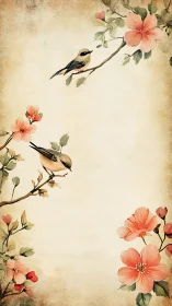 Songbirds perch among peach blossoms on vintage parchment