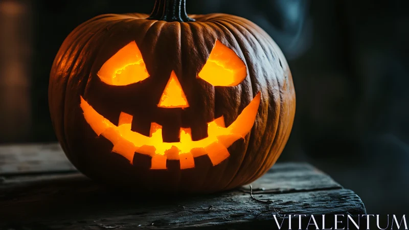 Carved jack o lantern pumpkin glowing on wooden table.