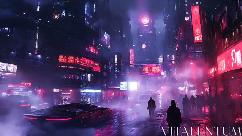 Neon cyberpunk street glows through dense magenta fog.