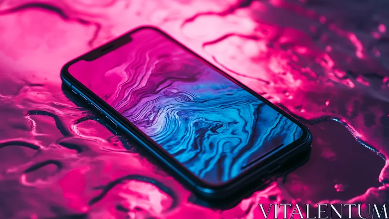 Neon tidal phone adrift on liquid magenta nightscape.