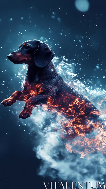 Digital composite depicts leaping dachshund with fire and water
