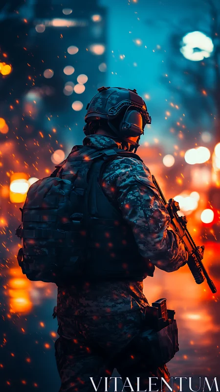 Urban ember sentinel in neon-soaked midnight patrolscape.