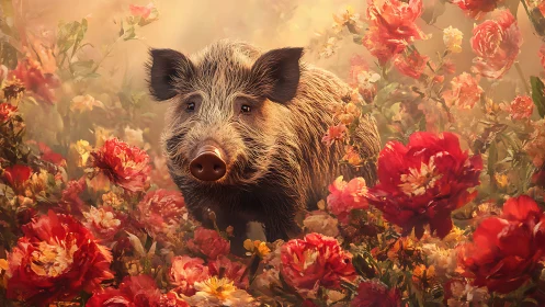 Gentle wild boar wandering through a dreamy flower garden.