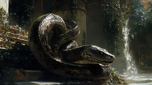Coiled serpent dominates overgrown ruins in dappled light.