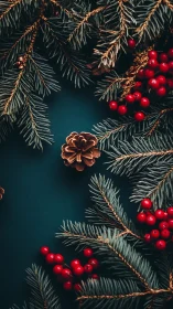 Cozy Evergreen Sprigs And Berries Framing A Winter Pinecone.