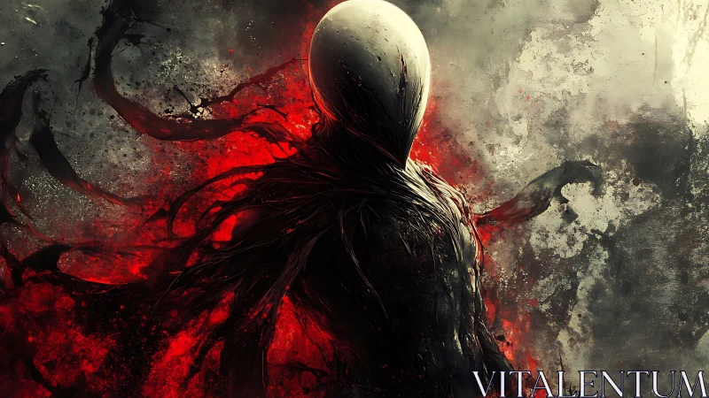 Faceless dark figure stands amid red and gray swirling smoke