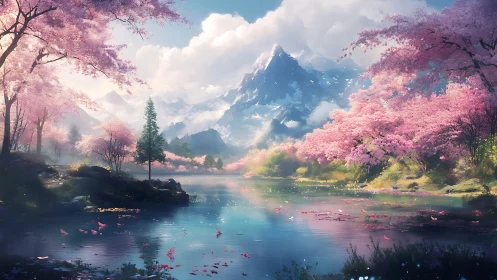 Mountain lake with cherry blossoms and distant snowy peaks.