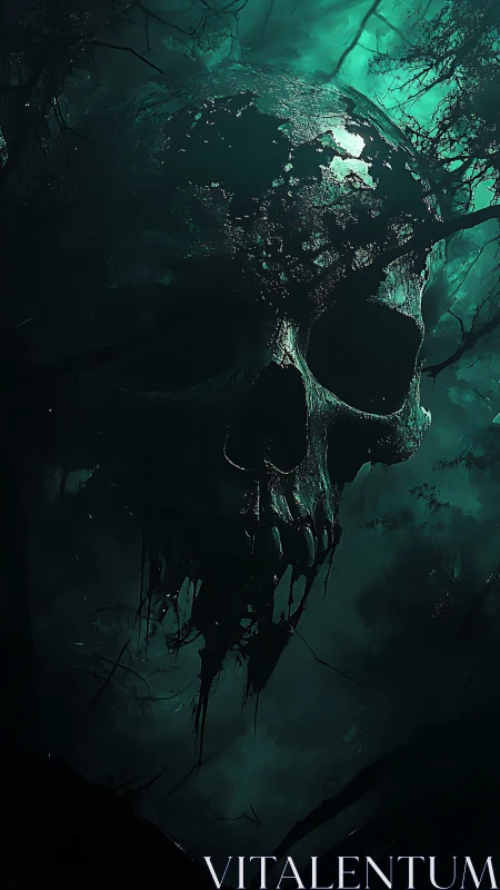 Rotting spectral skull looming above haunted mist forest.