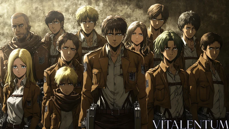 Militarized anime squad in brown uniforms under harsh lighting
