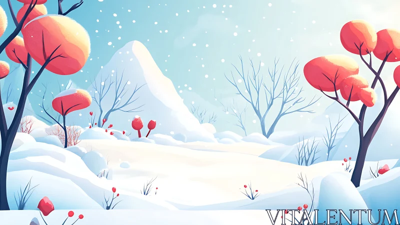 Snowy hills with vivid coral trees glow in winter light.