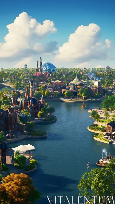 Colorful riverfront fantasy park under bright summer sky.