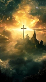 Celestial cross and neo-gothic spire above volumetric clouds.